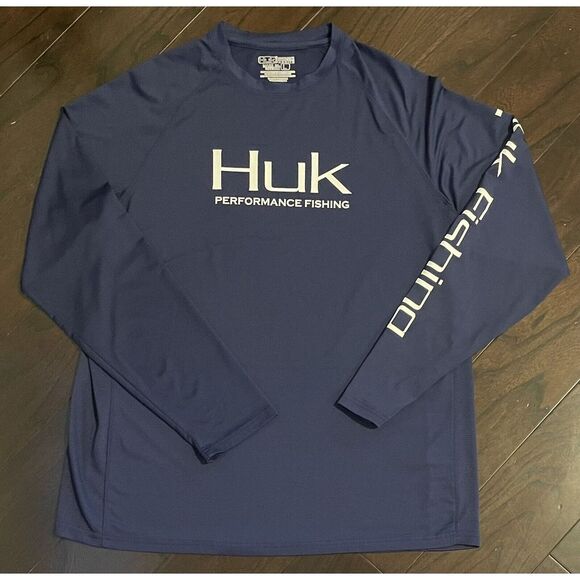 HUK Performance Fishing Logo Long Sleeve Fishing Outdoor Mens Size Lg Navy Blue - Picture 1 of 8
